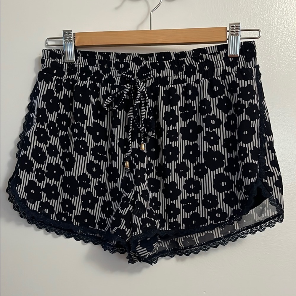 Floral Striped Layered Boho Sans Souci Beach Shorts with Tie at the Waist